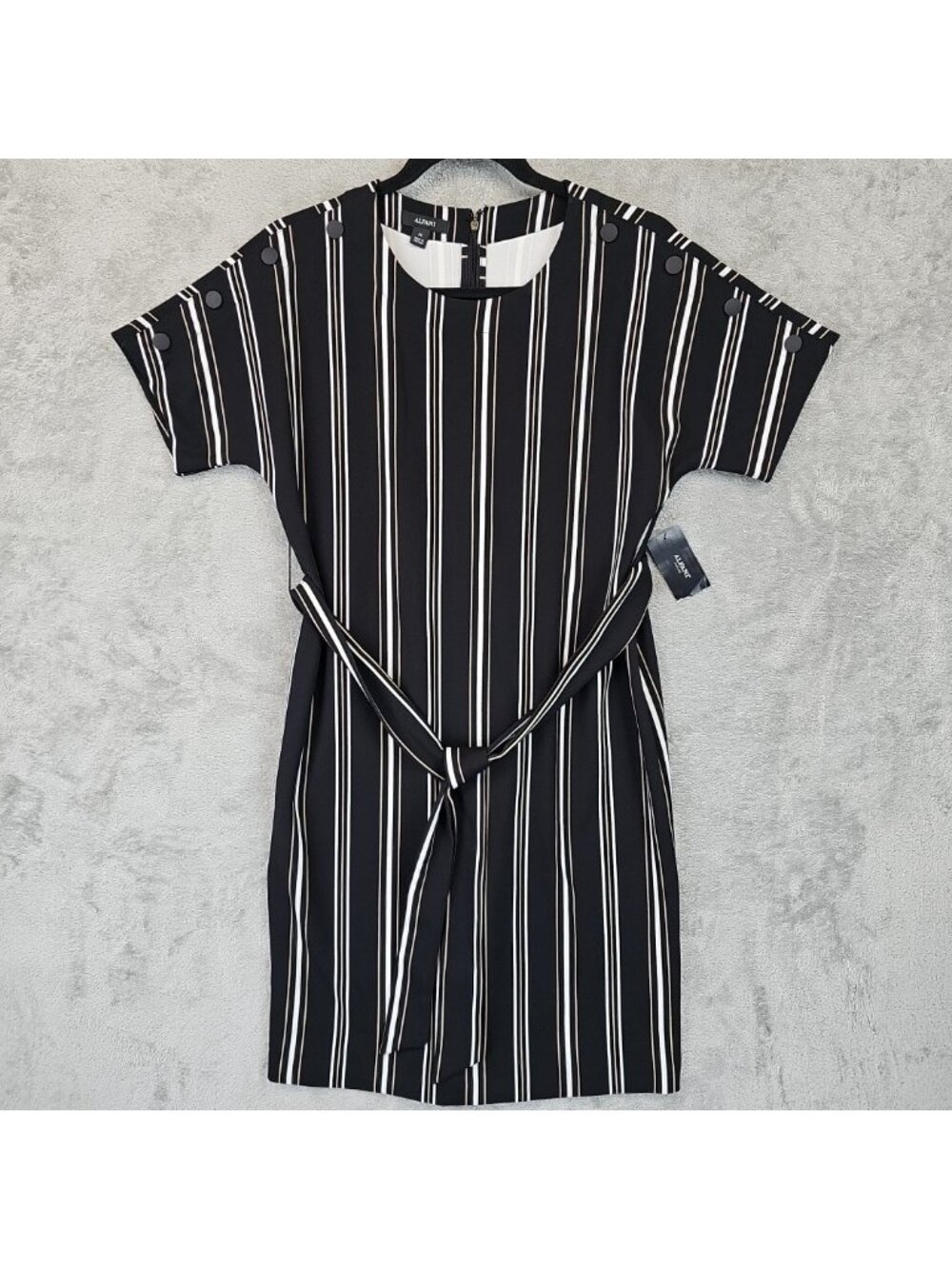 Alfani Dress Womens PS Petite Black Striped Short Sleeve Belted Shift Office